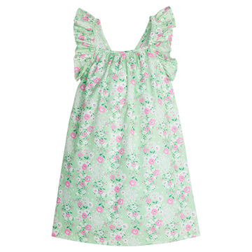 Girl/Tween woven  dress with adjustable ruffle straps and has a light green/white/pink  floral pattern. 