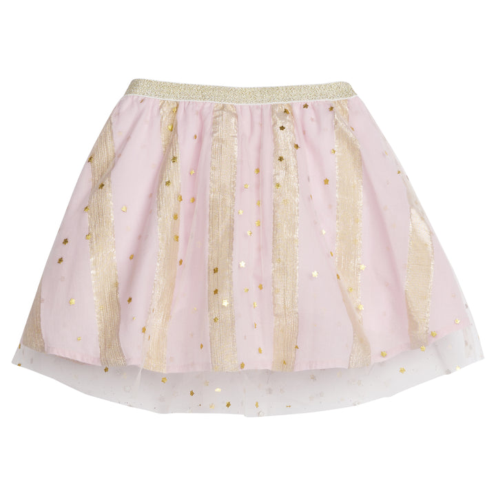 Girls/Tween skort in out Pink Metallic Stars and Stripes pattern. Skort is made of a woven light pink base fabric with a tulle overlay that has gold stars all over. Skort also has built in shorts and an elastic waistband in a gold glitter material-BISBY