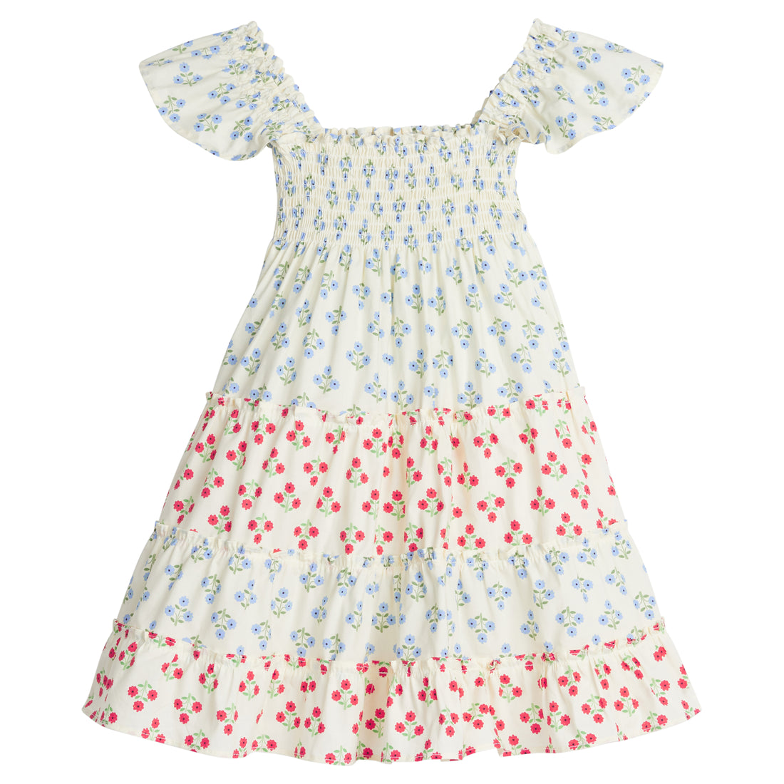 Girls/Tween woven dress with blue and red floral print. Dress features angel sleeves and ruching at bust for a comfy and airy fit. 