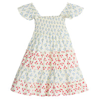 Girls/Tween woven dress with blue and red floral print. Dress features angel sleeves and ruching at bust for a comfy and airy fit. 