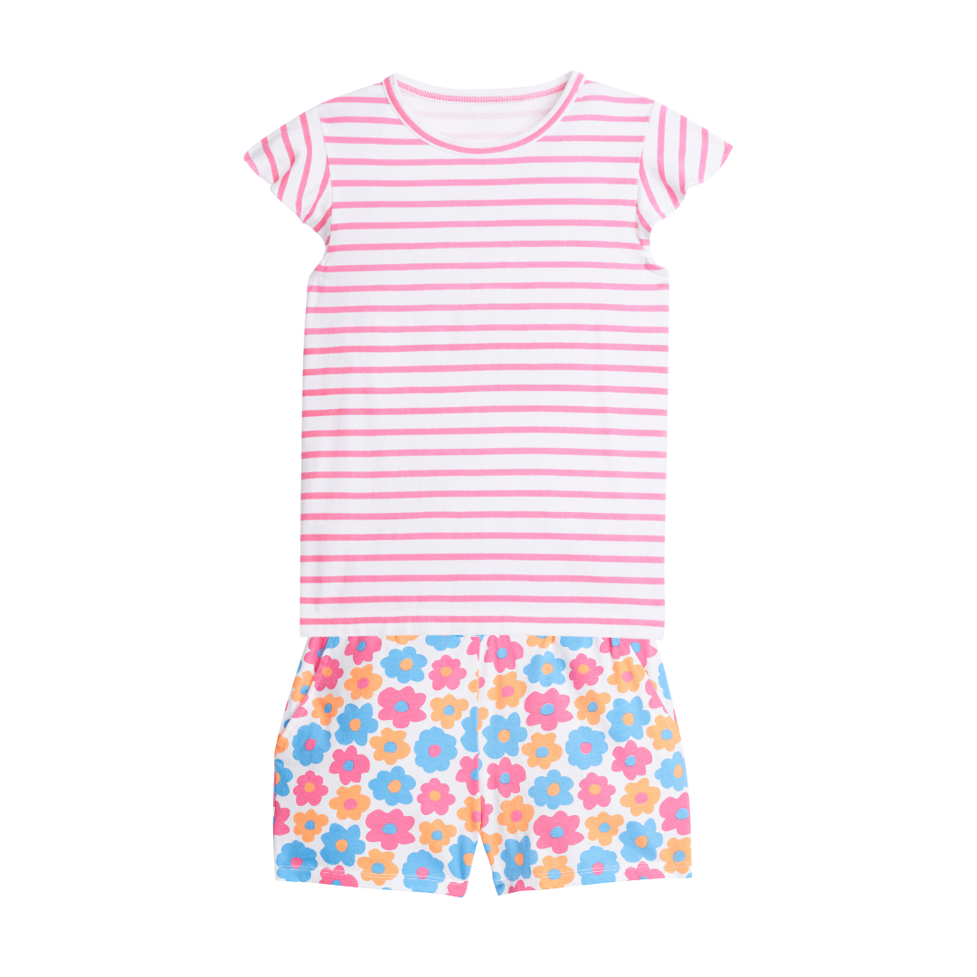 pink striped shirt and floral shorts for little girls