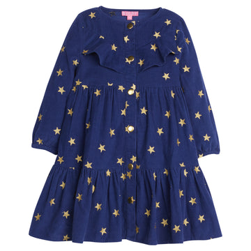 Girls/Tween dress in our Shoot For the Stars pattern which has gold stars printed all over a navy background. Dress is made of a corduroy fabric and has elastic cuffs at the sleeves, gold button enclosures along the front, and ruffles along the bust line-BISBY