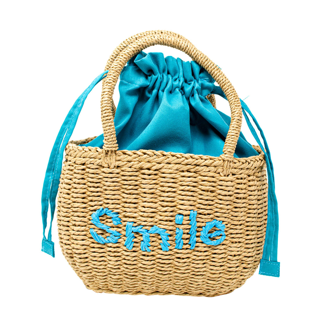 Girls Wicker Basket Message Handbag: Teal "Smile"