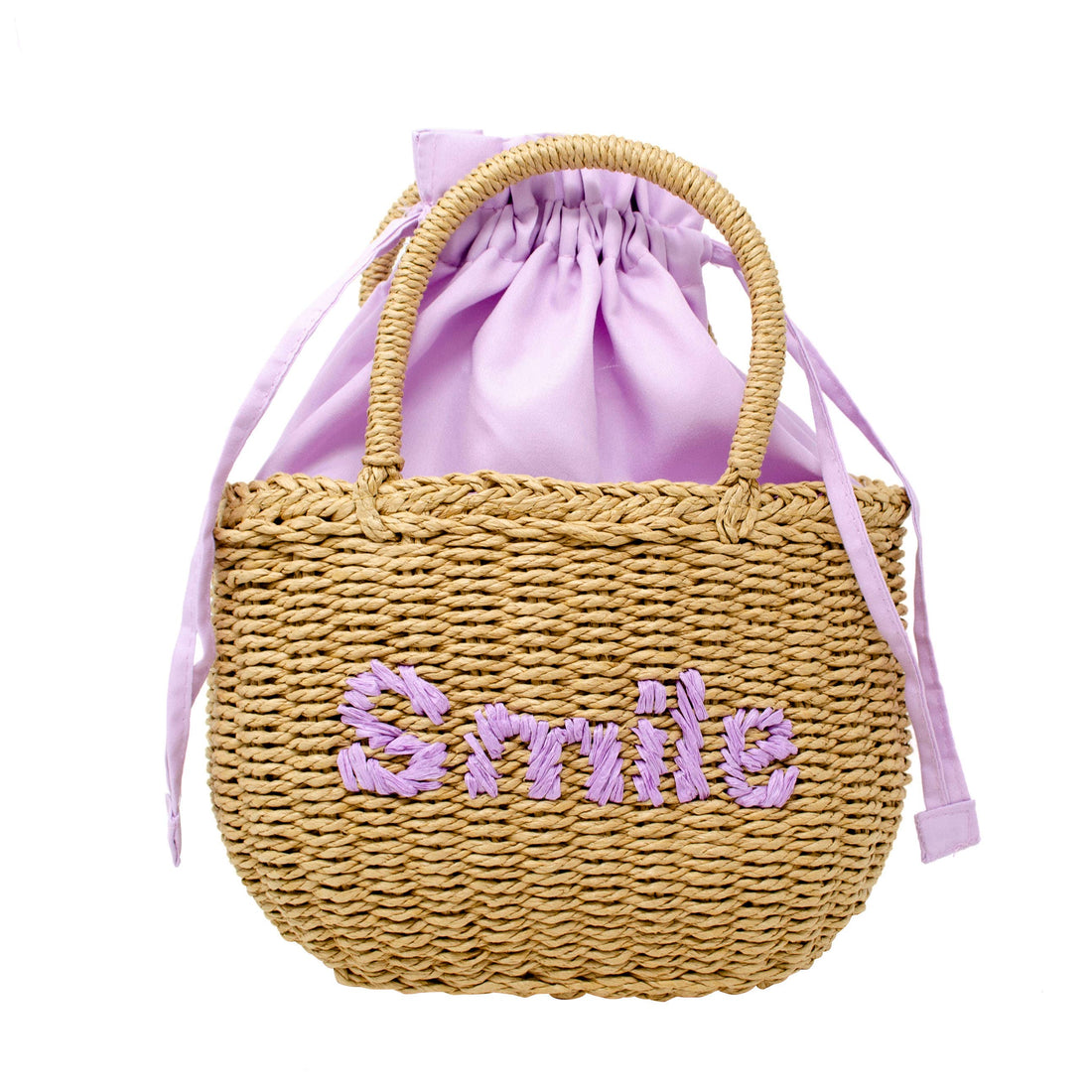 Girls Wicker Basket Message Handbag: Purple "Smile"