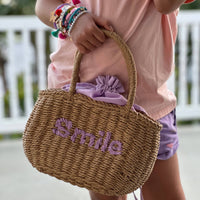 Girls Wicker Basket Message Handbag: Purple "Smile"